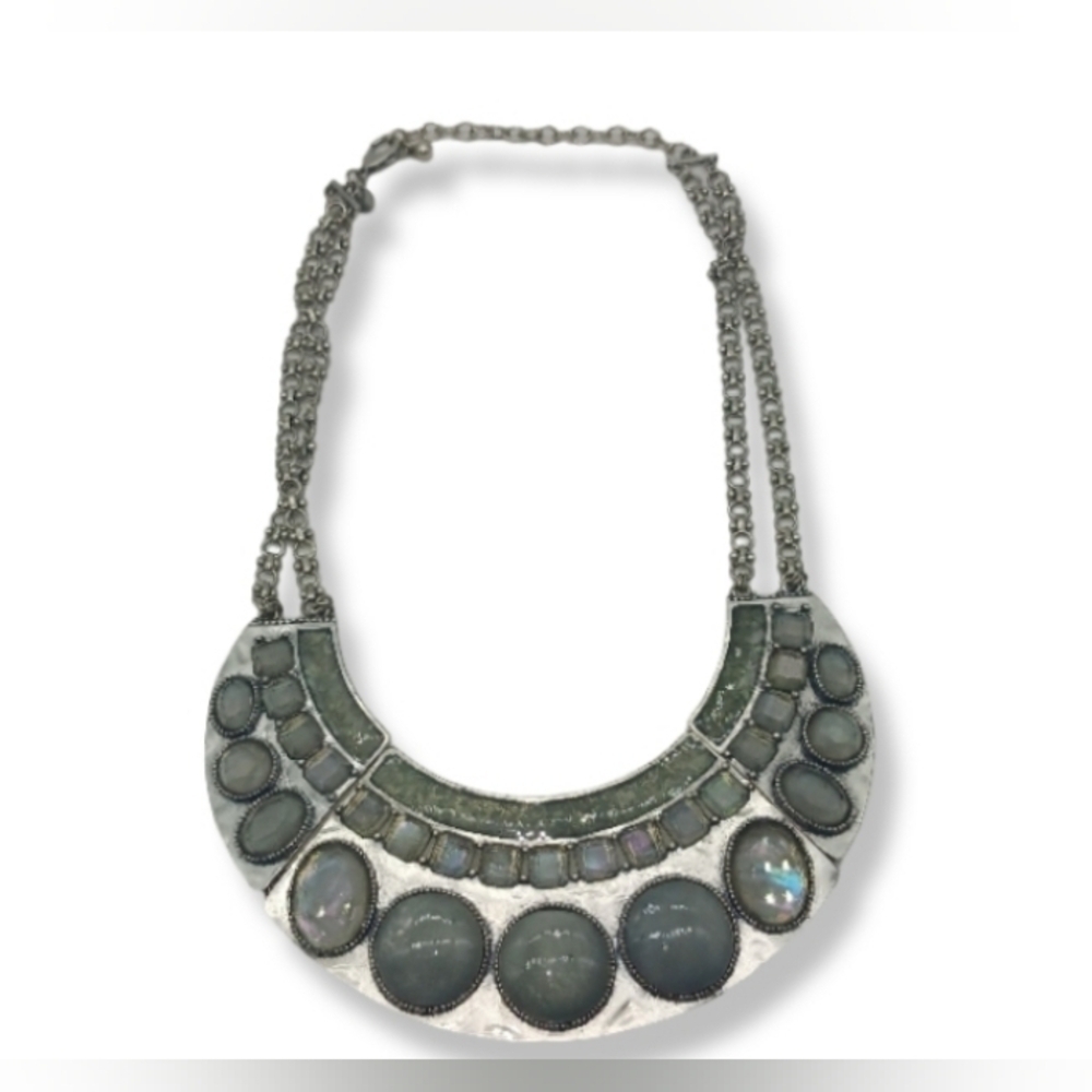 Chico's Silver Tone Statement Dramatic Bib Ornate Iridescent Necklace